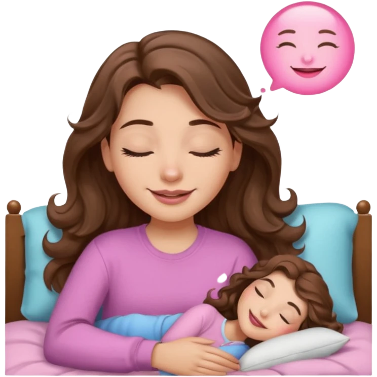 girl with wavy long brown hair, brown eyes, light to medium complexion, long lashes, light pink lipstick, smiling, wearing light pink shirt, sleeping emoji