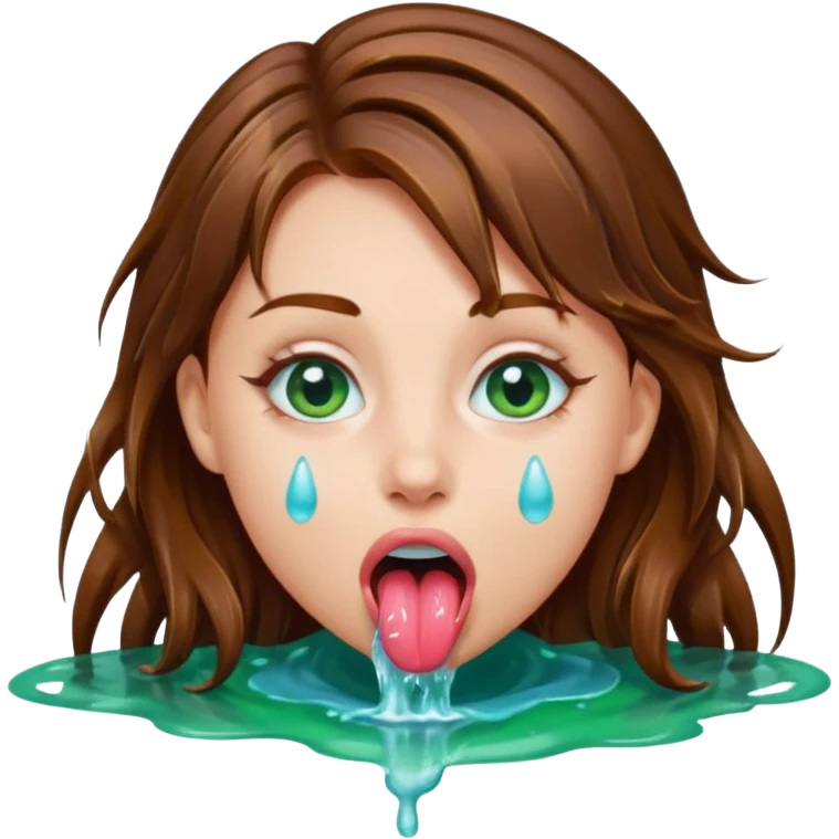 Girl with brown hair, blue eyes, a wet slimy face and her tongue out. Slimy water on her face, hair and tongue. emoji