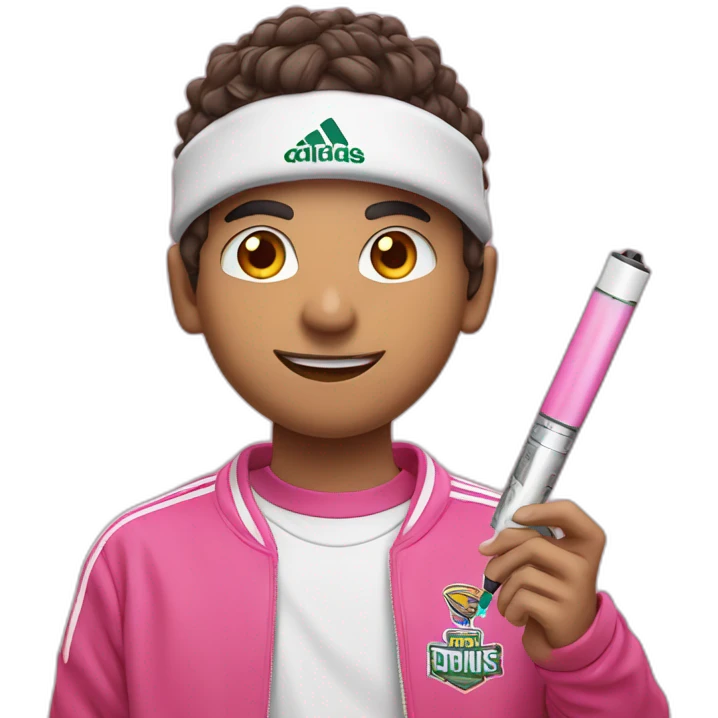 Arabic boy with layered cut, with pink adidas football shirt with white round logo, holding a vape pen emoji