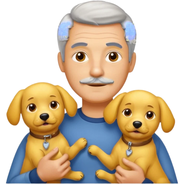 Italian man without a moustache and salt and pepper hair holding two yellow dogs emoji