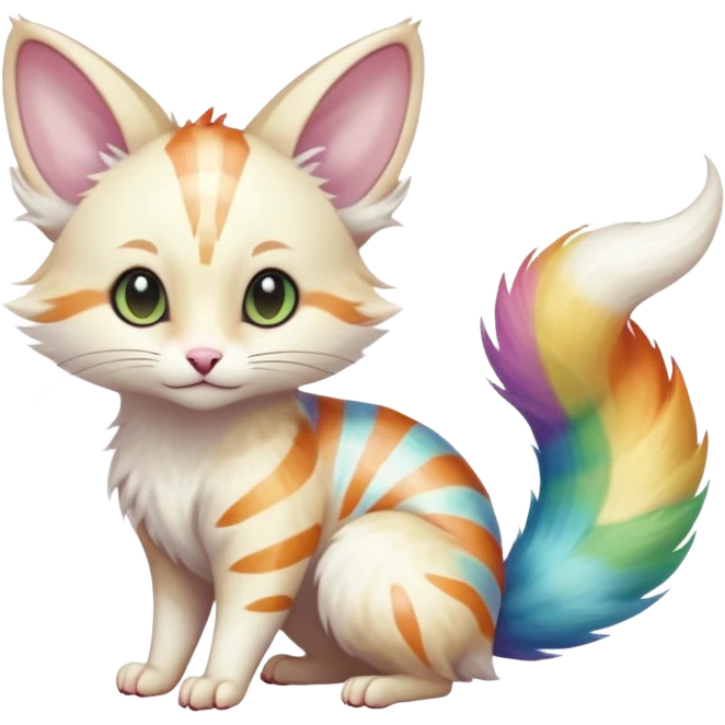  cute adorable whitish albino fur with random colorful iridescent rainbow markings beautiful elegant pretty precious cute  Fakémon-Pokémon-alien-opossum-feline-serval-caracal-chinchilla-Minccino-hybrid-creature with a big fluffy bushy striped tail (full body) emoji