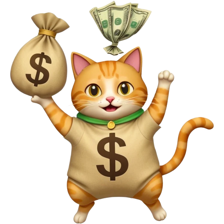 excited cat jumping into a classic money bag with a dollar sign, modern look, emoji style emoji