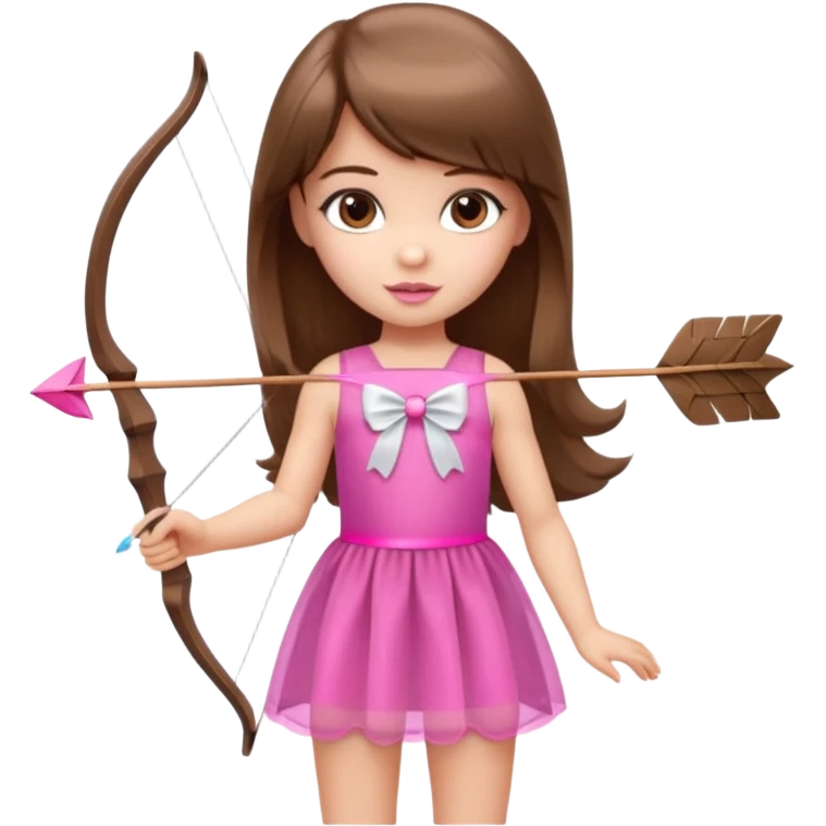 Hada de piel clara cupido pequeña  de cabello largo lacio castaño con flequillo y ojos cafés  vestida con algo sensual semitransparente corto color blanco o rojo con 1 arco y una sola flecha que combinen y labios rositas tipo Barbie pero en hada cupido de cuerpo completo de pies a cabeza   emoji