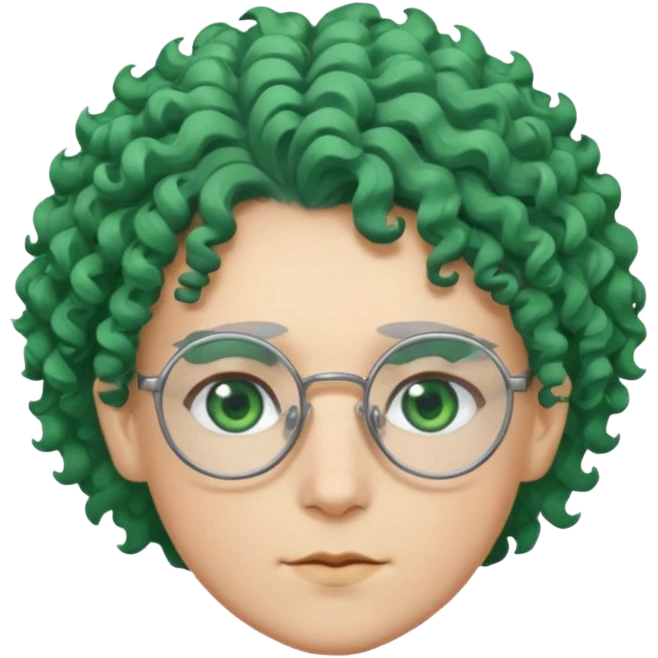 cabelo encaracolado, azul, óculos, olhos verdes, raça branca, penteado topo cabeça emoji