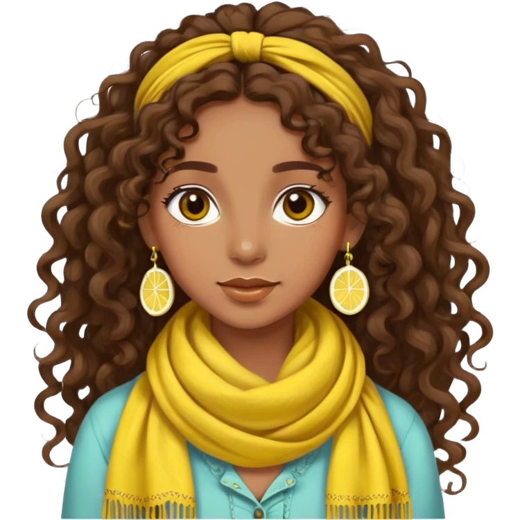 bohemian style girl, brown skin, long brown curly hair tied high, lemon yellow scarf, round earrings emoji