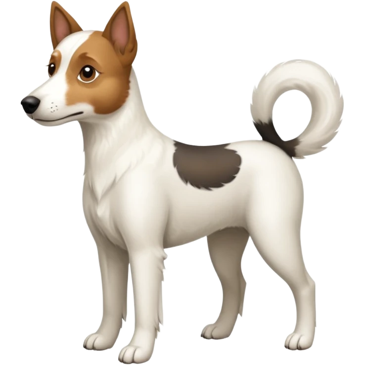 a full body large white parson russell looking dog the size of a kelpie with light brown ears and a light brown patch on one eye and a large snout emoji