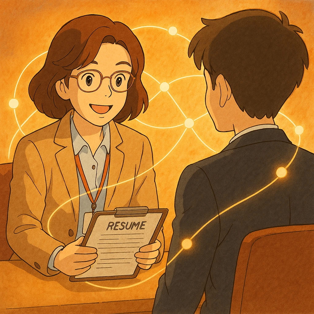 friendly recruiter talking to a candidate, with visible connection lines and warm colors emoji