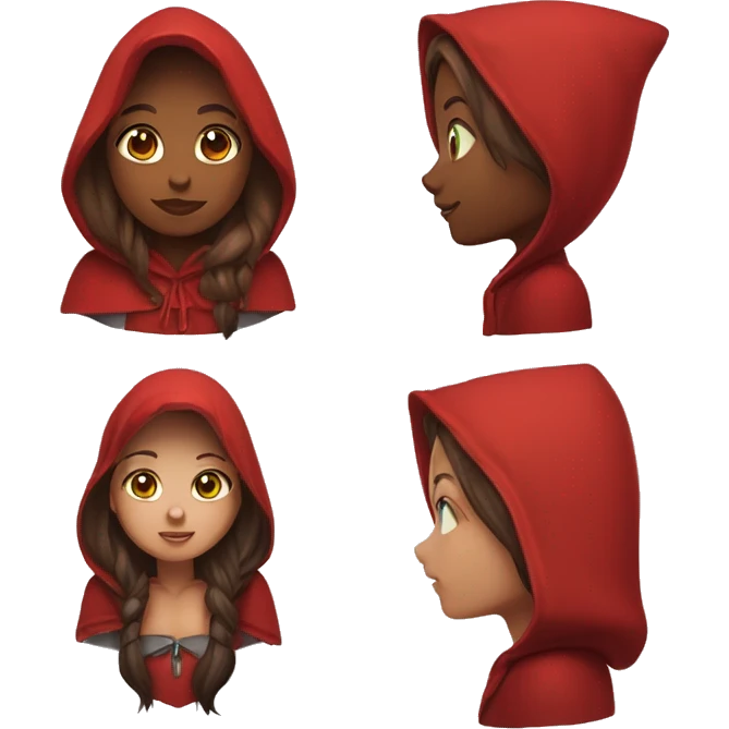 Red riding hood  wearing on her head with very red hood and big light green eyes long brown hair with hightlights emoji