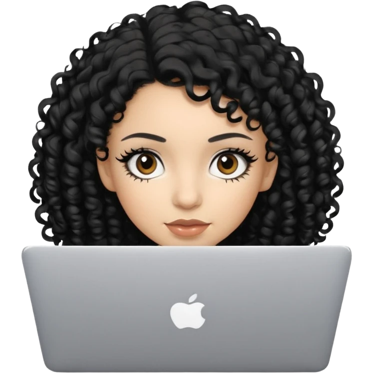 a girl using the mac book air with black curly hair and brown eyes with winged black eyeliner emoji