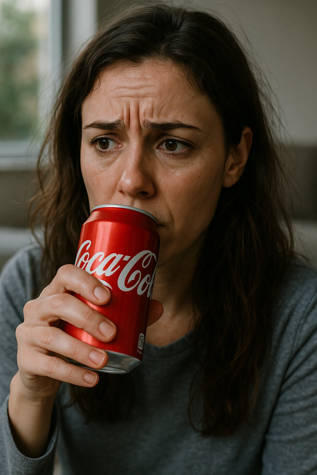 donna con ansia. Che beve coca cola. Immagini realistiche emoji