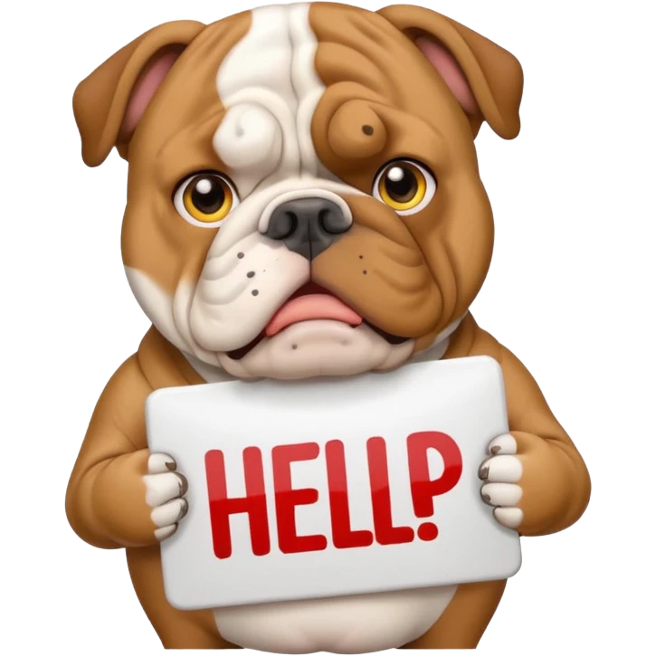 English bulldog with a worried face holding a 'need help' sign, emoji style emoji