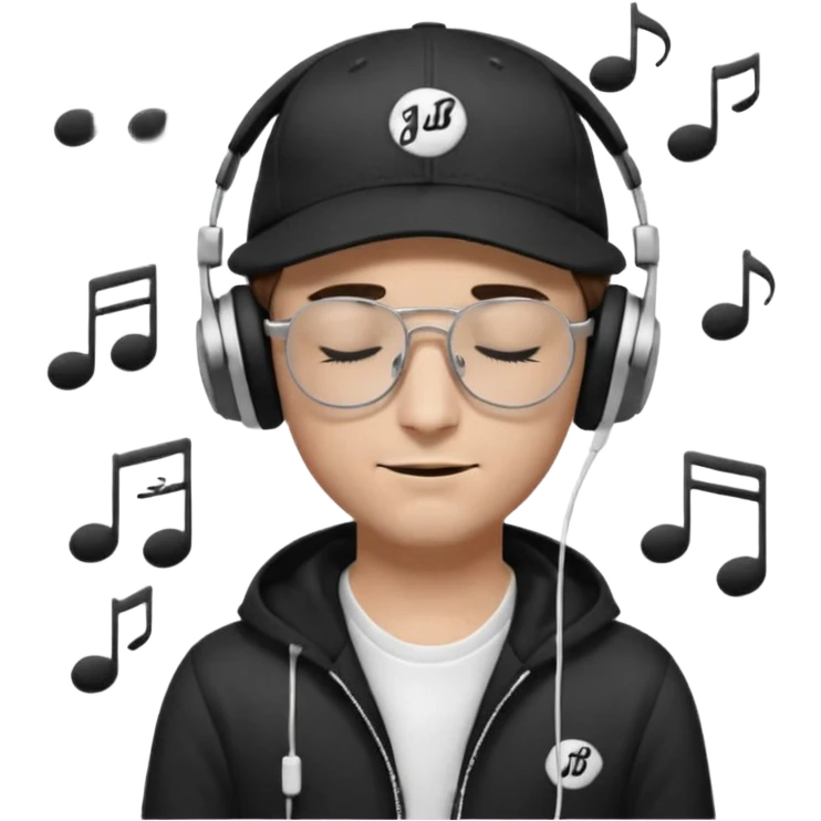 dj man white with baseball cap - rayban glasses - brown hair - closed eyes with headphones on with musical note over head (listening to music ) - eyes closed no glasses - black hat  musical notes floating around head emoji