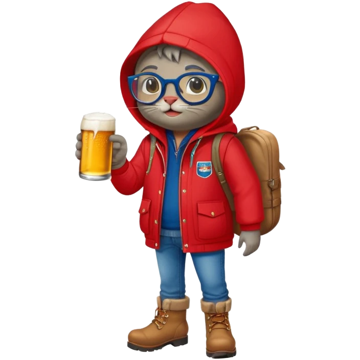 Catfish in a red winter jacket with hood, wearing round glasses, blue jeans, red boots, holding a beer can with a red label emoji