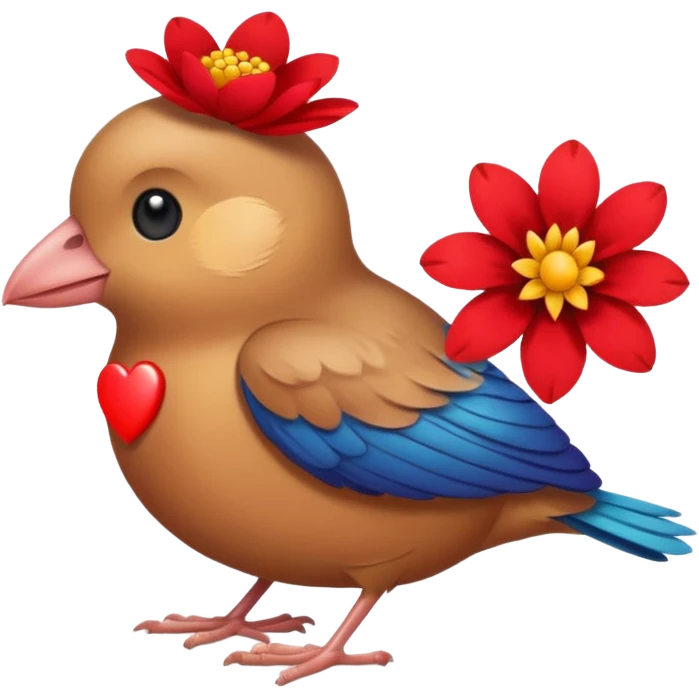 A bird carrying a red flower and heart on its mouse  emoji