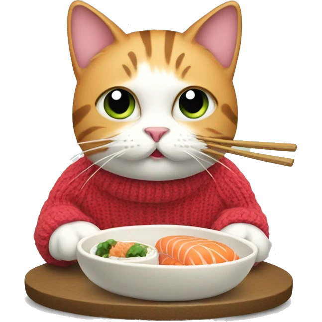 A cat wearing a sweater eating sushi  emoji