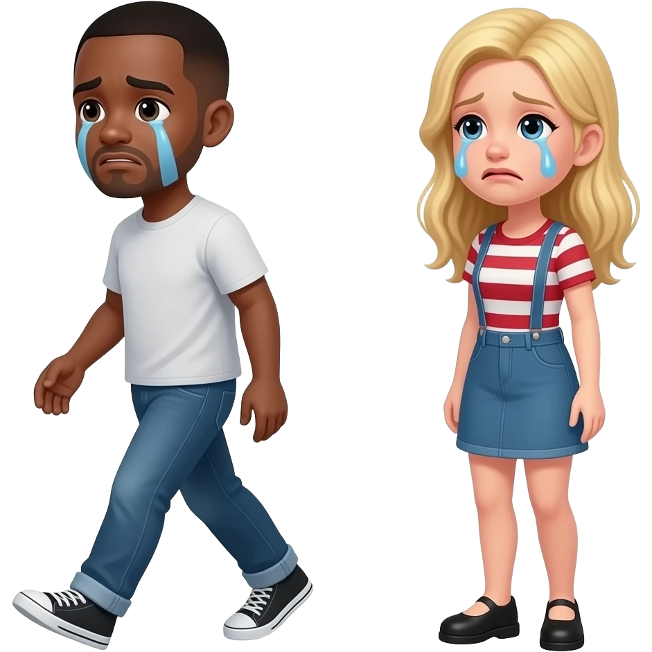 Crying Black man with shaved walking away from crying blonde girlfriend emoji