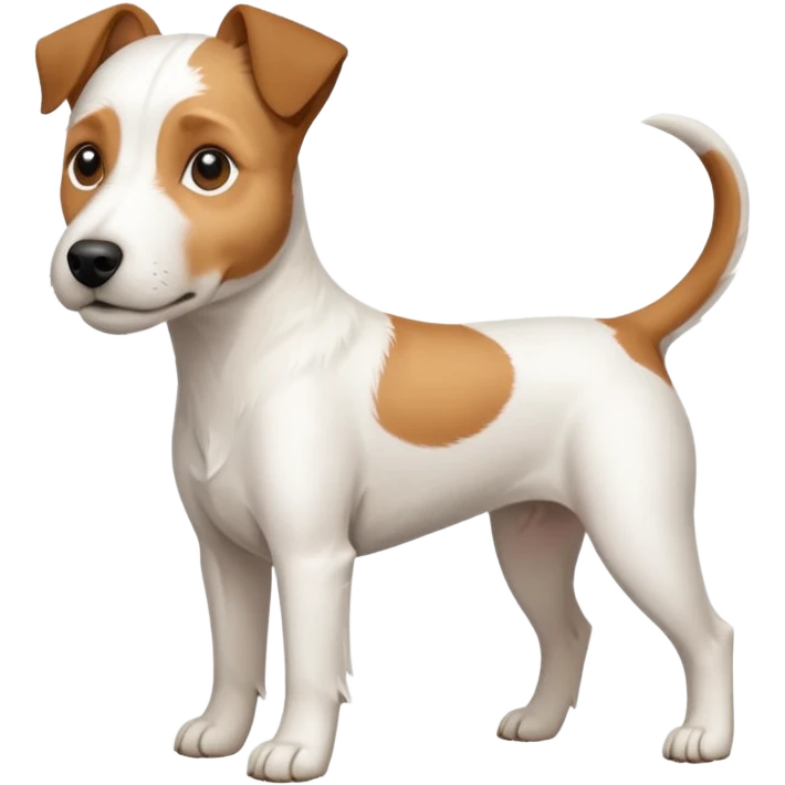 a full body white parson russell looking dog the size of a kelpie with light brown ears and a light brown patch on one eye and a large snout emoji