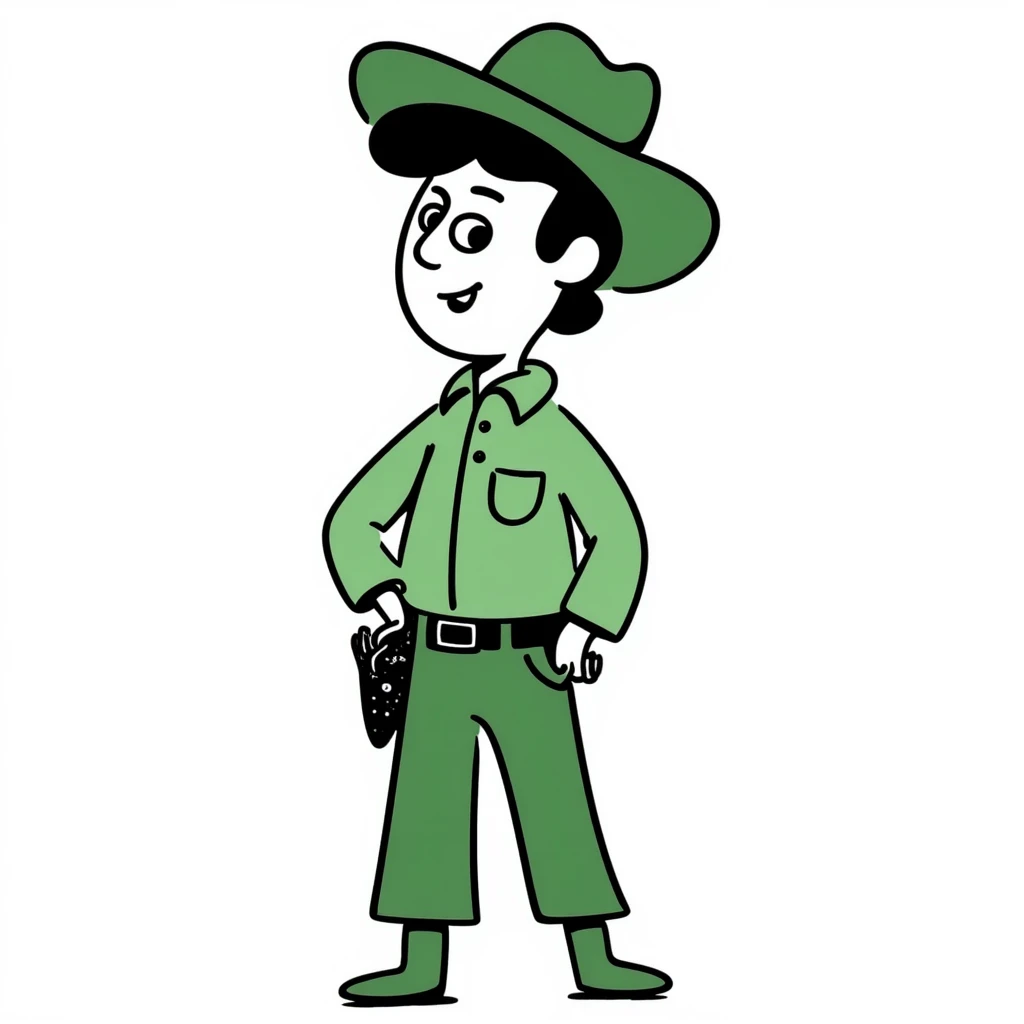 Hand-drawn cowboy character with green shirt, green pants, and matching green cowboy hat, western style emoji