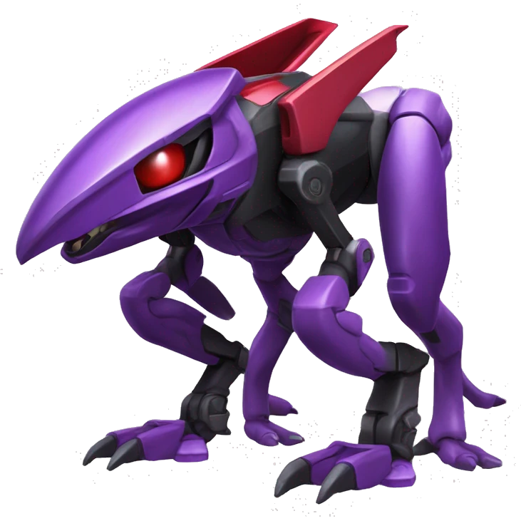 a shiny black-red-purple Genesect-Raptor-Fakémon—hybrid with a futuristic visor-helmet full body emoji