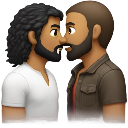 Gay couple, one white with black beard and mullet hair other brownish sking, they are kissing emoji