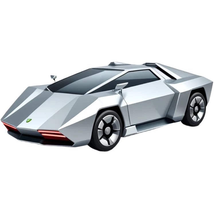 A futuristic chrome car emoji, sharp geometric body design inspired by cybertruck aesthetics, smooth silver metallic surface, matte and glossy chrome mix, minimal details, soft reflections, clean edges, iOS emoji style, centered, clean white background, soft studio lighting, no text emoji