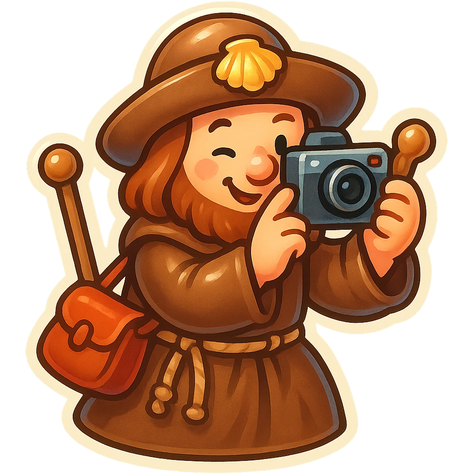 medieval pilgrim taking a photo, very cute, funny, highly stylized, retro stickers style emoji
