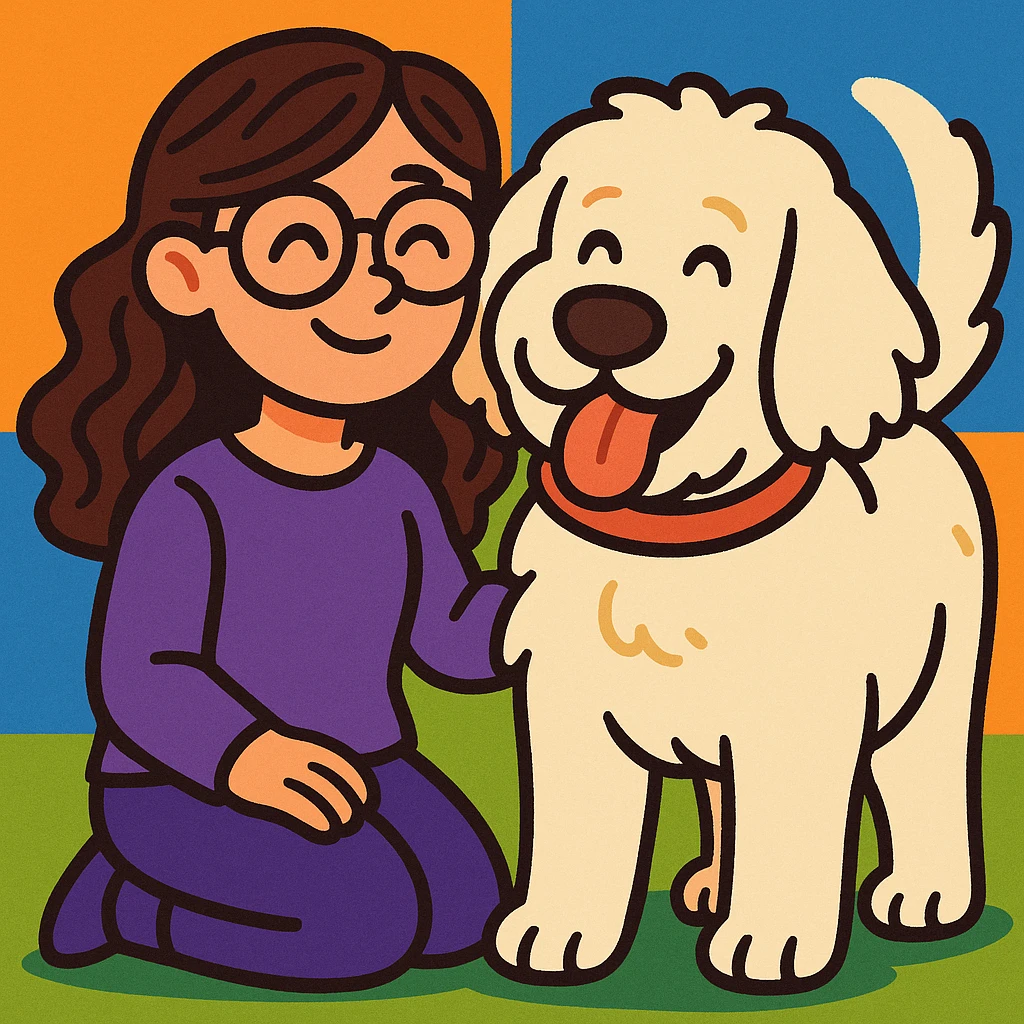 brunette female with glasses in a purple outfit and her large white or cream colored goldendoodle, cute cartoon style emoji