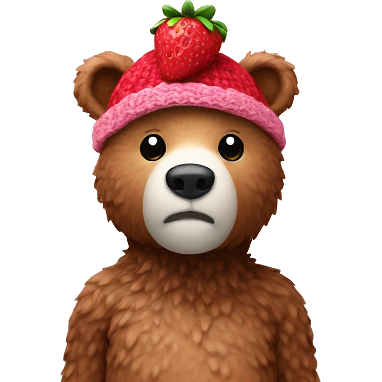 Bear wearing strawberry crochet hat emoji