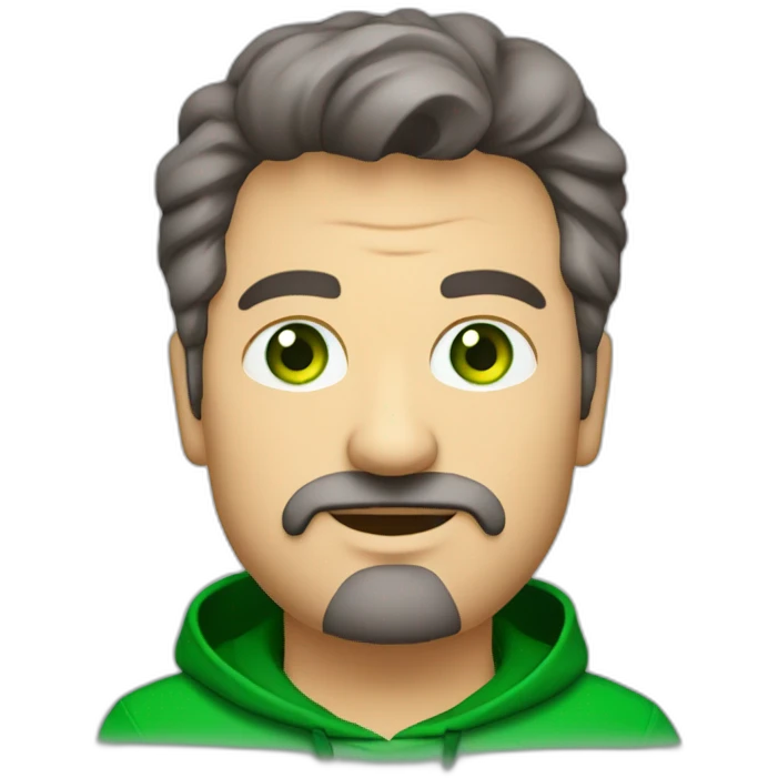 fat middle aged developer short dark brown graying hair goatee with green eyes hoodie emoji