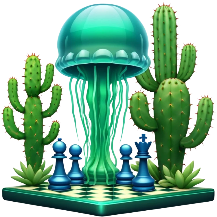 surreal cosmic jellyfish playing chess with a cactus emoji