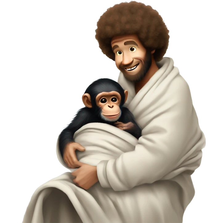 Bob Ross bottle feeding a new born baby chimpanzee wrapped in a blanket emoji