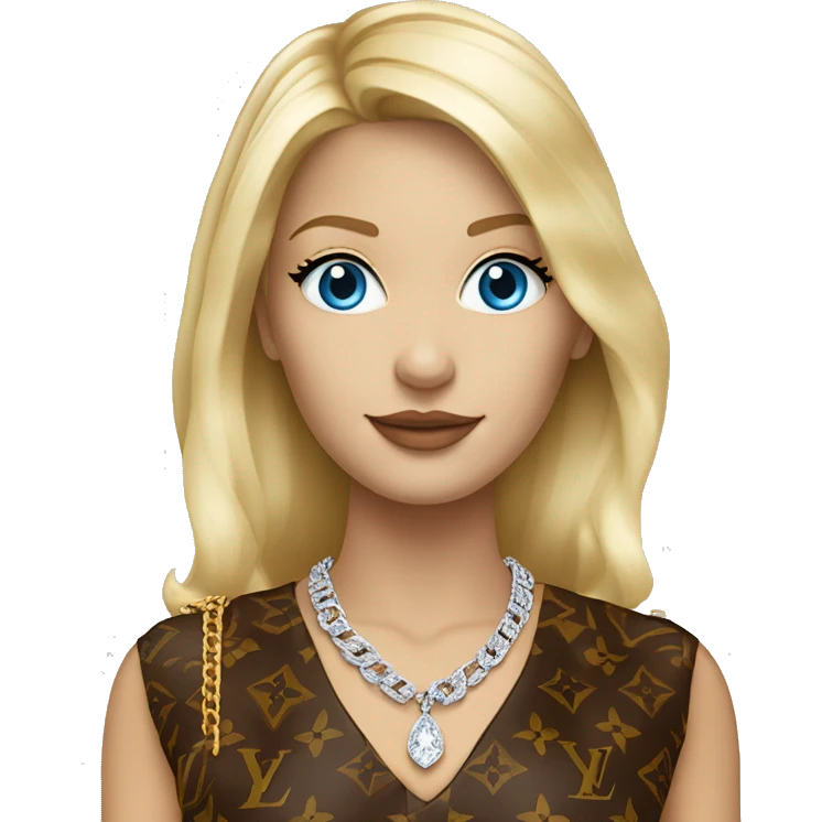 a full standing blonde female with blue eyes wearing a diamond chain with a pendant saying bonnie with louis Vuitton clothing  emoji