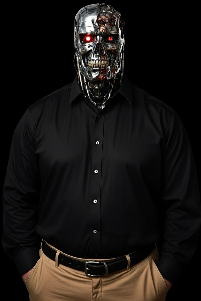 Turn this man into a realistic terminator with attire like in the movie and  as depicted in the movies, with part of the robotic structure showing in the face and half his regular face, make him more muscular emoji