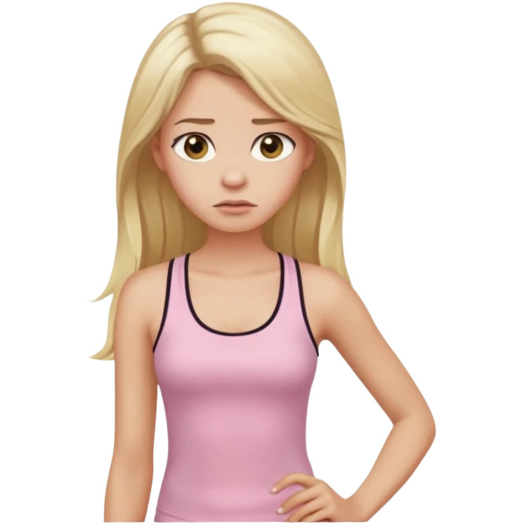 Create a young woman with long blonde hair, golden eyes, and medium-light skin tone, wearing a light pink tank top and leggings. She should be in portrait mode, but with a subtle doubting facial expression—slightly raised eyebrow, small frown, .  and her hand next to her chin likethinking face emoji emoji