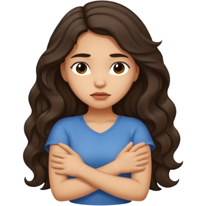Hispanic light tan girl with long dark wavy hair crossing her arms under arm pit and slightly pouting emoji