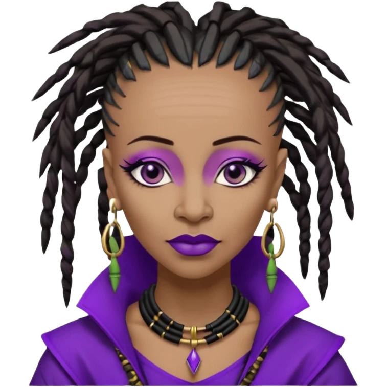 57 years young,  Black queen with a  dreads mohawk hairstyle, purple lipstick,  purple eyeshadow,  droopy looking  eyes, bamboo triangle earrings with the name Draya personalized on them.  emoji