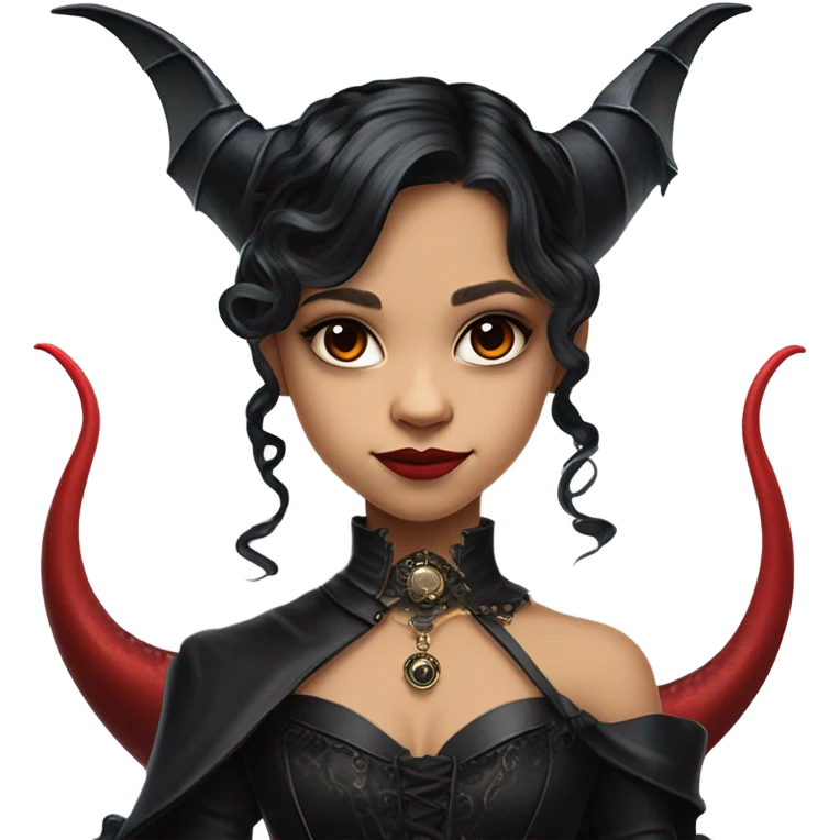 surprised Lavish Victorian black evening gown with gloves, Jenna Ortega as Addams girl Jedi wearing a steampunk mini tiara, very large blood red evil-looking horned dragon emoji