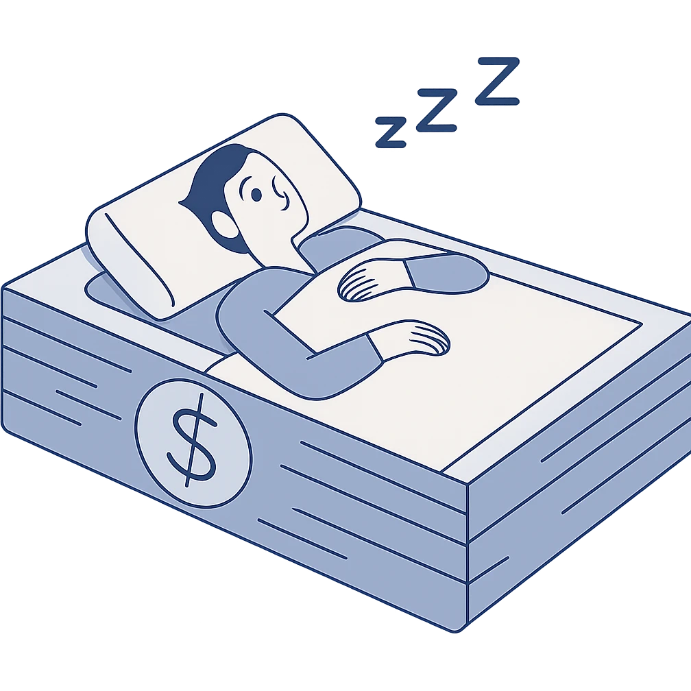 person sleeping on bed made of dollar bills emoji