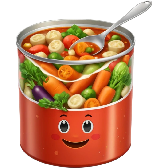 open tin can with chunky mixed vegetables in tomato sauce, no spoon or branding, soft lighting, subtle shadows, emoji scale emoji