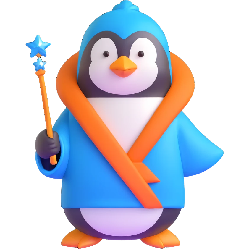 penguin wizard with a blue robe and sparkly wand emoji