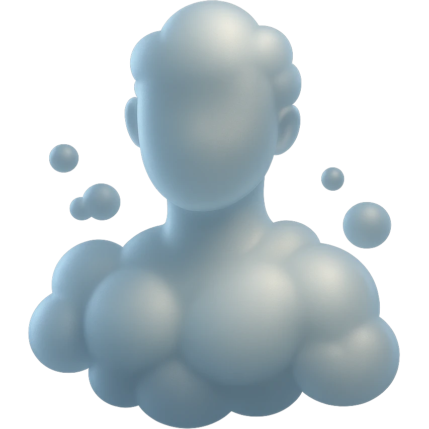 bright person composed entirely of convex clouds, shoulder up, front view emoji