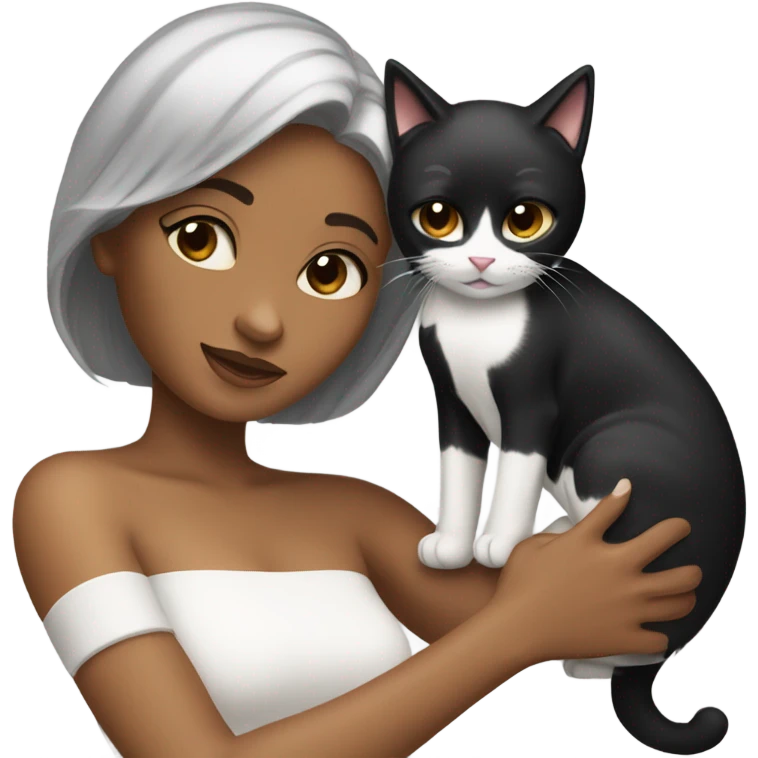  Caramel skinned woman with black hair hugging a black and white cat  emoji