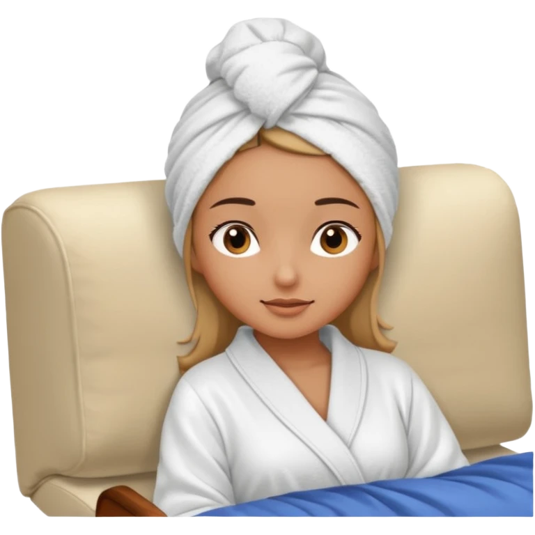spa A contented and relaxed girl with a towel on her head in a white robe lies on a couch. The icon displays the couch and the girl in full three-quarter view. emoji