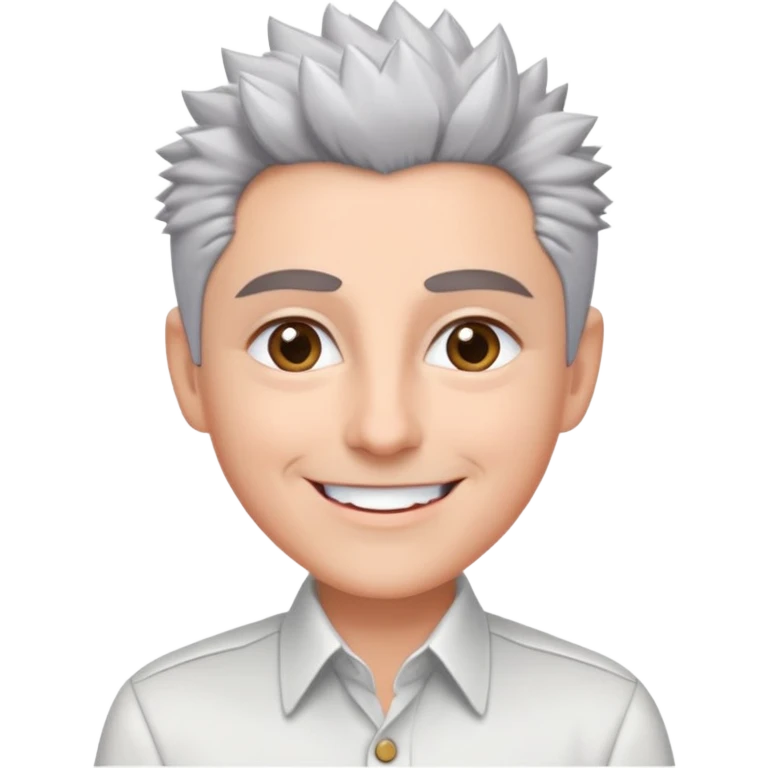 Close-up portrait of Marian Pabón with defined facial structure, light pinkish skin, almond eyes, arched eyebrows, charismatic wide smile, short spiky gray hair, wearing a formal white buttoned shirt emoji