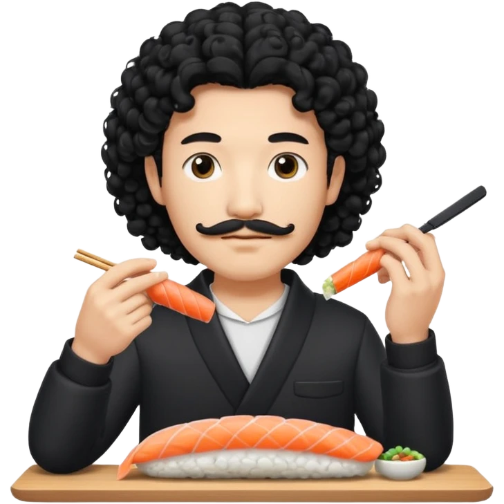 un coreano che taglia sushi con i baffetti capelli ricci e lunghi  neri con un IQOS in mano  emoji