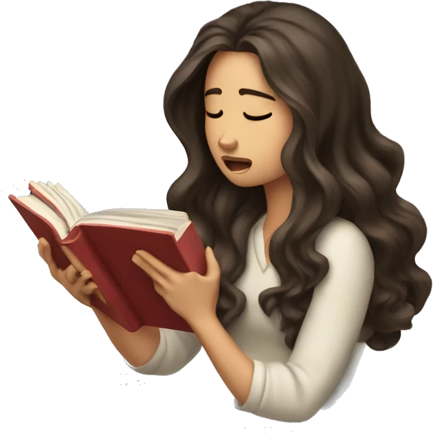 brunette long wavy hair woman crying tears down face while holding and reading book emoji