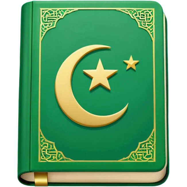 Closed Quran with the Islamic Symbol on it (moon and star) green from left to right emoji