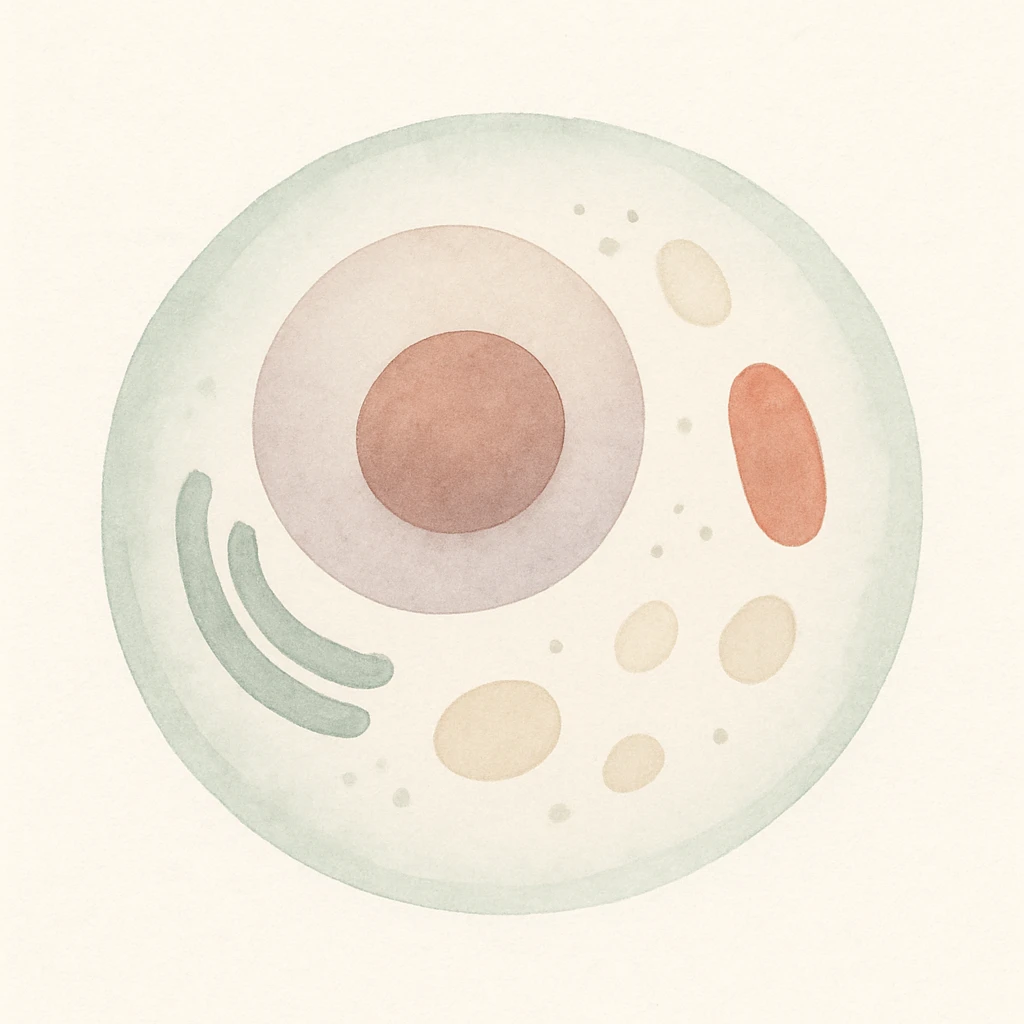a human cell, realistic, with detailed textures and lighting, watercolor art style, soft colors, delicate brush strokes emoji