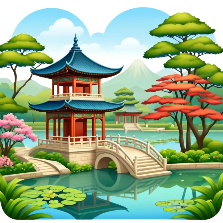 Oriental palace garden with pavilion and pond emoji