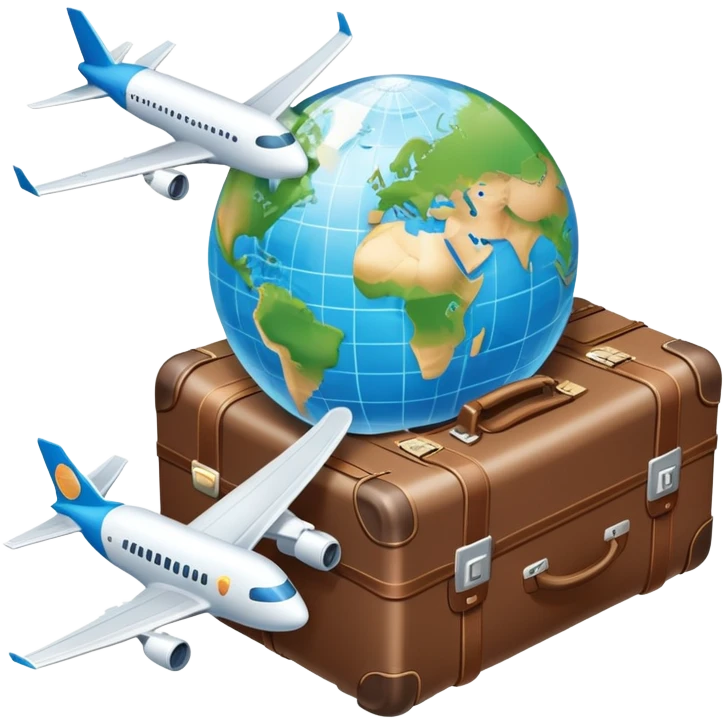 An icon featuring a suitcase, a hotel building, and a globe, symbolizing tourism and hospitality. The design includes a plane and a map, representing travel and accommodation services. Transparent background highlights the global nature of tourism and the hospitality industry. emoji
